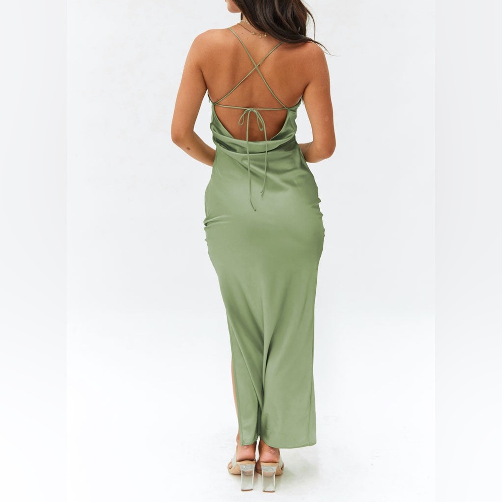 Beginning Boutique Green Maxi Slip Dress with Slit - Picture 2 of 6